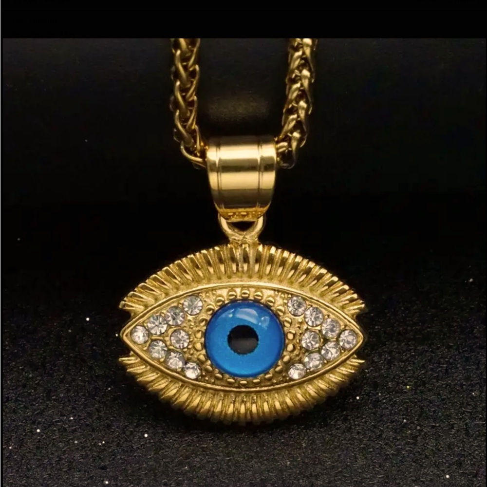 Greek Crystal Gold 🧿 EVIL EYE 🧿 Pendant Necklace 24” new protection charm